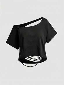 ROMWE Grunge Punk Asymmetric Shoulder Ripped Open Back Loose Cropped T-Shirt - Black - View 1
