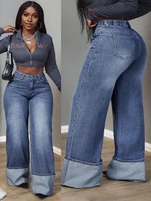 SHEIN Tall CURVE 大码女式阔腿牛仔裤 - 淺色水洗藍 - 查看 1