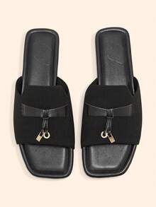 CUCCOO BASICS 女鞋 方头平底黑色针织简约舒适透气时尚平底凉鞋拖鞋 日常百搭通勤女拖鞋 - 黑色 - 查看 5