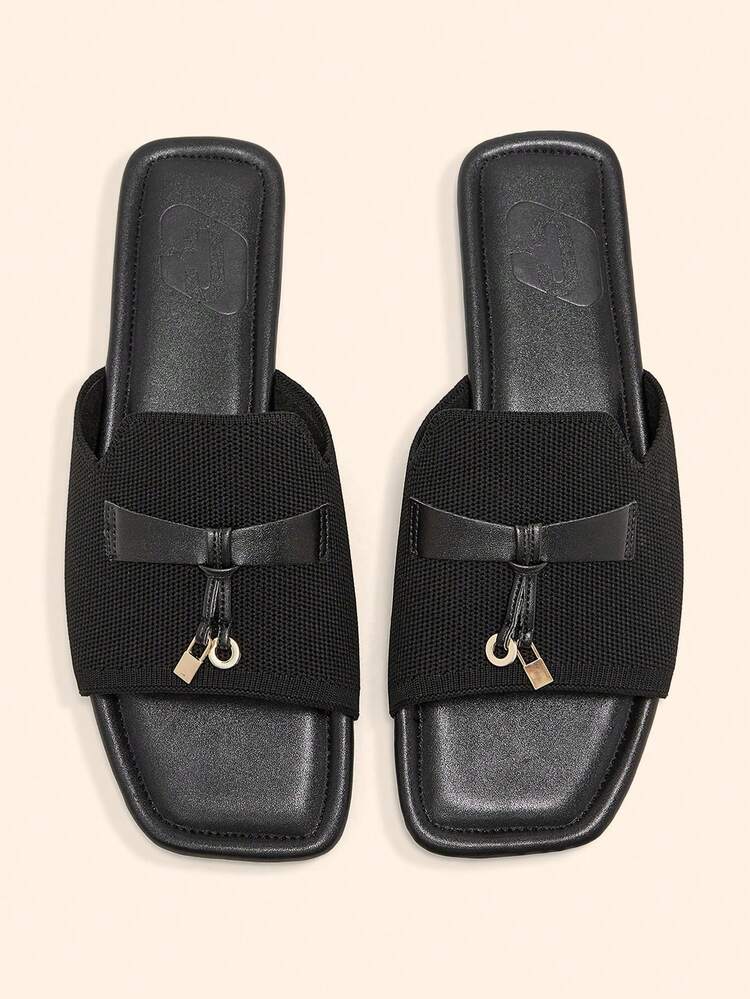 CUCCOO BASICS Women Shoes Square Toe Flat Bottom Black Knitted Simple Comfortable Breathable Women's Fashion Flat Sandals Slippers Daily Versatile Commuter Women's Slippers Summer Shoes