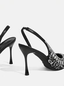 CUCCOO TILAWA Zapatos de mujer negros nuevos con punta, tacón de aguja, elevación trasera, moda, hermosos, con rhinestones, sexy, para banquetes, fiestas, clubes nocturnos, zapatos de tacón alto de mujer, zapatos de mujer con tira trasera - Negro - Ver 4