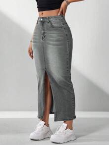 Flexra Chân váy denim ôm dáng, xẻ tà cao, thích hợp cho nữ đi làm hàng ngày. - Xám - Xem 3