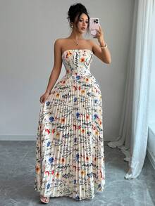 SHEIN Franclia 女士休闲度假风印花无肩带连衣裙，饰有褶皱细节 - 杏色 - 查看 3
