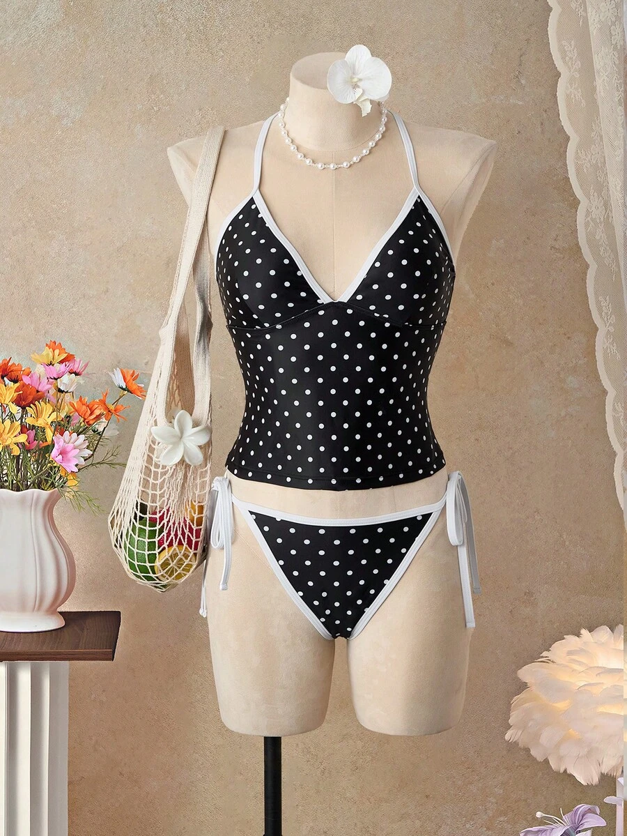 Bellisia Bộ áo hai dây tankini in họa tiết chấm bi dành cho nữ - Đen và trắng - Xem 1