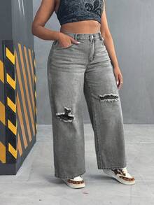 EMERY ROSE Plus Size Women's Non-Stretch Distressed Washed Loose Straight Leg Cargo Jeans, Light Blue - Light Grey - View 6