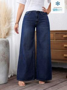 SHEIN PETITE Women's Fashion Wide-Leg Jeans - Dark Wash - View 6