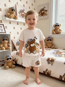 SHEIN 2pcs/Set Boys' Superhero Cartoon Pattern Loose Casual Short Sleeve Shorts Pajama Set, Summer - Multicolor - View 2