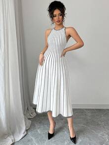 Franclia New Vintage Striped Patchwork Contrast Color Round Neck Sleeveless Knit Dress For Women - Light Grey - View 9