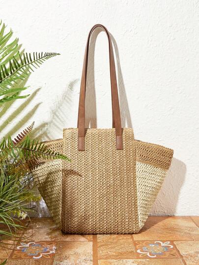 SHECARRY Túi xách nữ kiểu Bohemian màu cà phê đan bằng rơm, thanh lịch, đơn giản và đa năng, phù hợp cho các kỳ nghỉ biển mùa xuân và mùa hè, các bữa tiệc bãi biển, dung tích lớn phù hợp cho việc mua sắm hàng ngày.