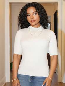 Steph T 女士高领修身七分袖毛衣 Y2K 秋季 - 米色 - 查看 6