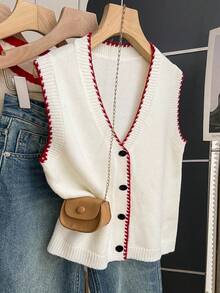 SHEIN Franclia Casual Loose V-Neck Sleeveless Knitted Contrast Trim Button Design Beige Sweater Vest For Women, Spring/Summer - Beige - View 4