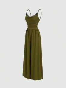 Sweetra Y2K Sexy Lace Patchwork Wide Leg Jumpsuit - Army Green - View 3