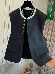 GlowEve CURVE Camisa de cárdigan holgada sin mangas con cuello redondo, adorno de botones de latón vintage, bolsillos y ribete de encaje blanco para mujer de talla grande, de tela de sarga, elegante para la playa, vacaciones, casual, negocios, festividades, en negro y blanco, versátil - Negro - Ver 1