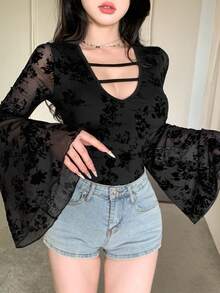 DAZY Women's Floral Flocked Mesh Flare Sleeve Bodysuit - Black - View 3