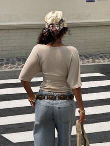 Muchica Áo thun nữ ôm dáng dệt kim màu kaki - Màu Khaki - Xem 2