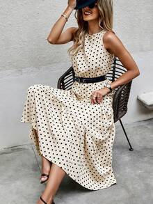 EMERY ROSE Polka Dot Sleeveless Ruffle Hem A-Line Dress Maxi Women Outfit - Beige - View 5