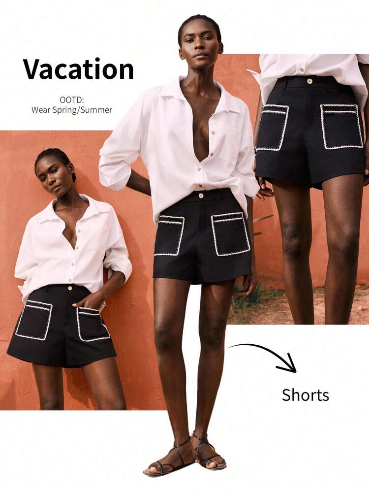 SHEIN Maija Women's Black And White Checkered Patchwork Wide Leg Loose Casual Shorts,Classy Summer Holiday Vacation Brunch Business Casual Comfortable Cotton