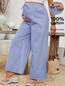 SHEIN Adjustable Waist Striped Wide Leg Loose Casual Maternity Pants - Blue - View 1