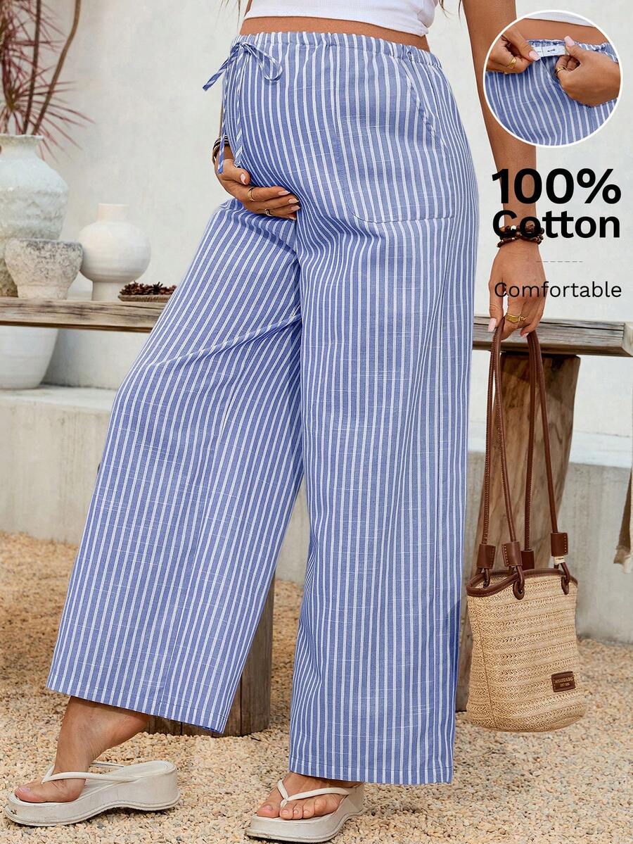 SHEIN Adjustable Waist Striped Wide Leg Loose Casual Maternity Pants - Blue - View 1
