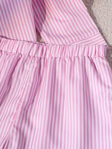 SHEIN 2pcs/Set Pakaian Anak Perempuan Remaja Kasual Berkerah Polo dengan Motif Garis-garis dan Pita, Kemeja Lengan Panjang dan Celana Pendek Motif Garis-garis, Musim Semi/Musim Gugur - Berwarna merah muda - View 3