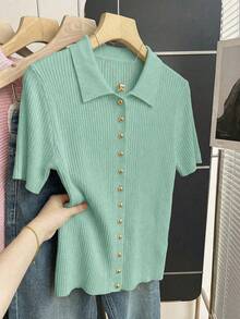 SHEIN Franclia New Summer Casual Loose Versatile Minimalist Elegant Soft Polo Shirt, Suitable For Office, Work, Commute, Metal Button Design, Slim Fit, Modest, Unisex, Extremely Simple Cardigan For Women - Dark Green - View 8