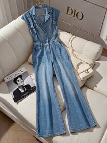 GlowEve Bộ jumpsuit denim nữ mùa hè dáng rộng, cài cúc nửa thân, kiểu dáng thường ngày, chất liệu denim mài, có ống loe. - Màu xanh lam - Xem 1