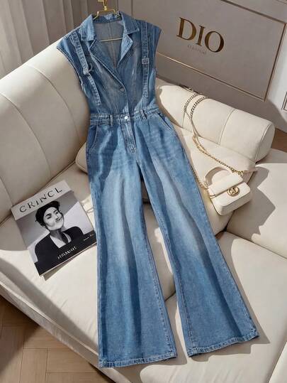 GlowEve Women's Summer Casual Washed Button Half-Placket Flare Leg Denim Jumpsuit
