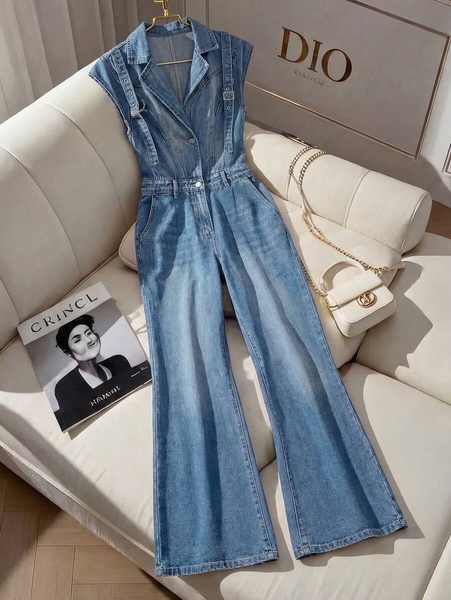 GlowEve Bộ jumpsuit denim nữ mùa hè dáng rộng, cài cúc nửa thân, kiểu dáng thường ngày, chất liệu denim mài, có ống loe. - Màu xanh lam - Xem 1