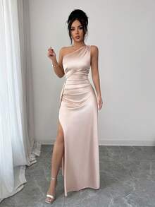 Selianne Vestido de noche largo y sexy para mujer con un hombro, cintura fruncida y abertura alta, de satén de lujo, nuevo para el verano de 2026 - Champán - Ver 3