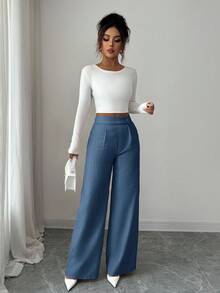 Elenzga 女士粉色竹纤维面料腰部拼接纽扣装饰设计，优雅教师制服，专业休闲百搭，感恩节万圣节必备单品，宽松飘逸直筒裤 - 中等水洗藍 - 查看 3