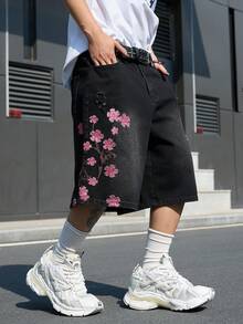 Manfinity EMRG Men's Street Fashion Casual Distressed Embroidered Black Denim Shorts - Black - View 8