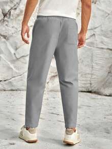 Manfinity VCAY Men's Light Grey Autumn Casual Office Trouser Minimalist Solid Color Woven Drawstring Waist Seam Front Slim Fit Pants For Everyday Commute - Baby Blue - View 2