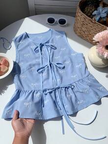 Blusa de rayas y estampado sin mangas para uso diario sencilla, tops sin mangas NMVL - Azul - Ver 6