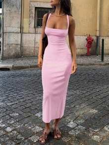 INAWLY Đầm ôm sát cổ yếm dệt kim gân màu hồng - Hồng - Xem 1