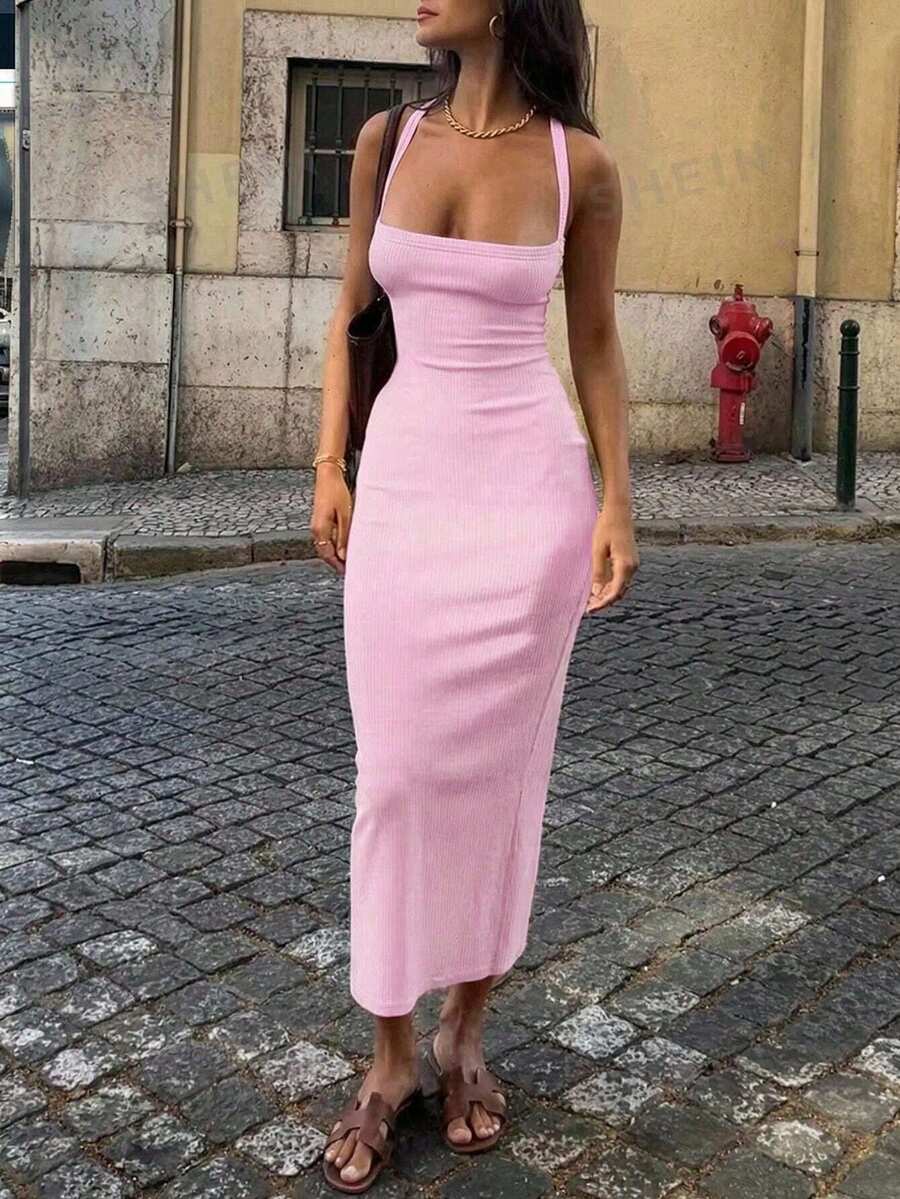 INAWLY Đầm ôm sát cổ yếm dệt kim gân màu hồng - Hồng - Xem 1