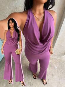 Rustia Mono sin espalda con cuello halter para mujer talla grande - Morado - Ver 1