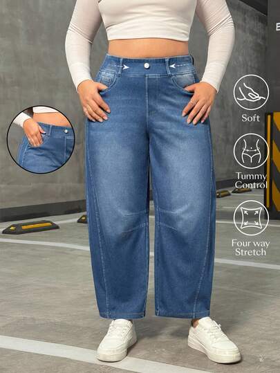 Flexra Plus Size Women Casual Everyday Commute Versatile Elastic Waist Loose Straight Leg Jeans