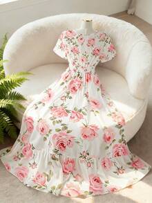 SHEIN PETITE 女士玫瑰印花V领A字短袖连衣裙，优雅百搭，适合日常、度假、通勤、情人节、约会、法式街头风、复古风、派对等场合，白色底色搭配粉色玫瑰图案，早春/春夏新款长裙 - 彩色 - 查看 2