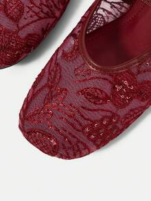 CUCCOO HITCHD Beige Mesh Flower Square Toe Strap Comfortable Soft Simple Commuter Women's Flat Shoes - Red Violet - View 4