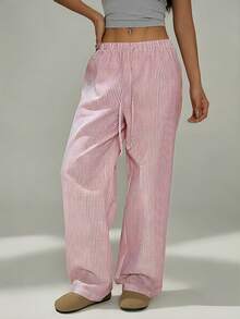 SHEIN PETITE Quần dài kẻ sọc màu hồng trắng dáng suông dành cho nữ, thích hợp mặc ở nhà vào mùa xuân và mùa hè. - Xanh đậm - Xem 7