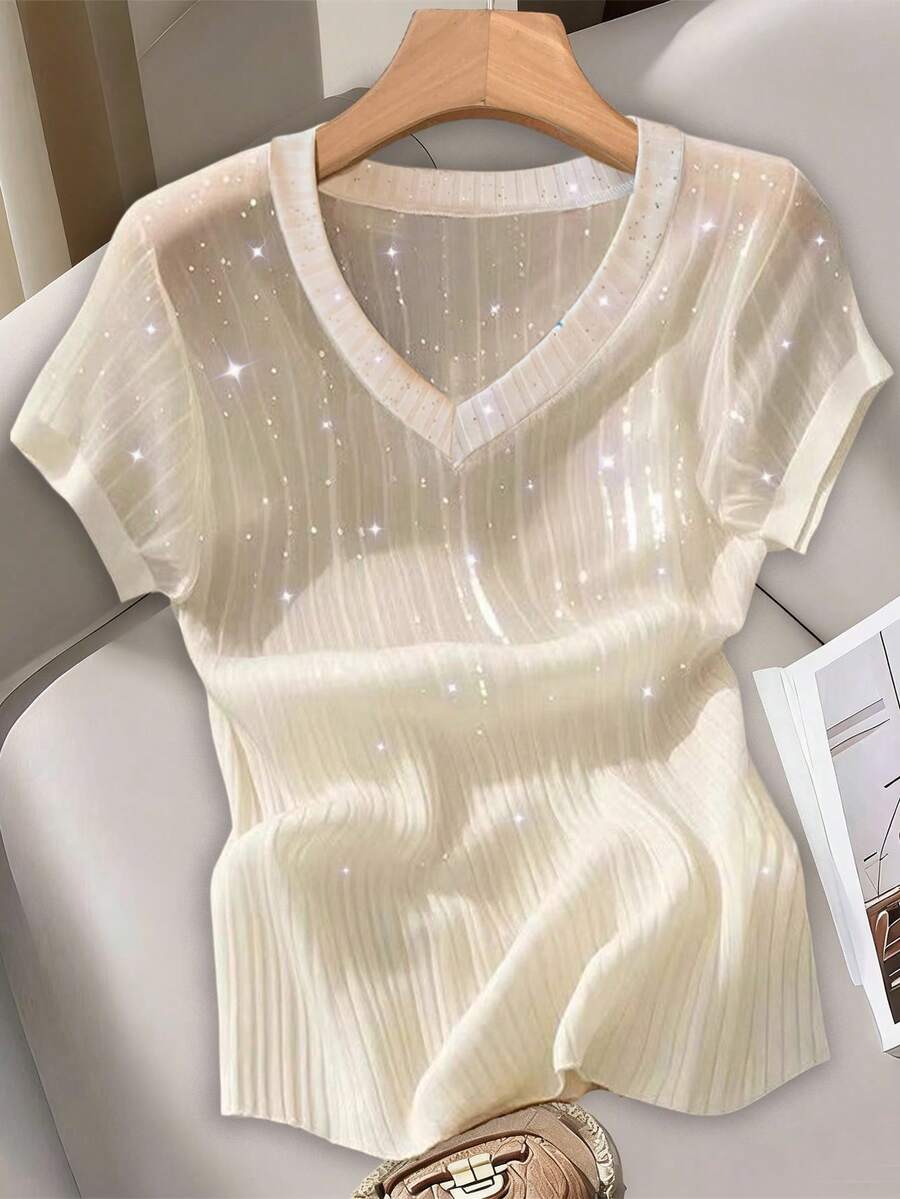 Qadelle Women's Summer Fashion Vacation Sheer Sequin Short Sleeve T-Shirt - Apricot - View 1