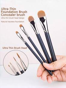 4Pcs 4 Sizes Ultra Thin Flat Foundation Concealer Brush Set Professional Liquid Makeup Blending Tool For Flawless Coverage Face Contour Cosmetics - Black - View 4