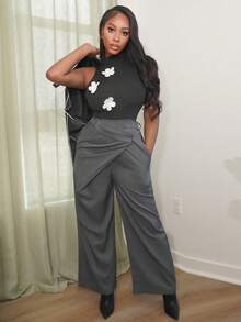 Chea Andrea Grey High-End Casual Office Commuter Versatile Diagonal Placket Design Loose Straight Leg Trousers, Wide Leg Suit Pants In Fall/Winter - Grey - View 1