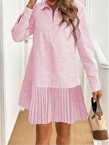 Chiquease Long Sleeve Striped Dress With Shoulder Strap, Button Cuff And Pleated Hem For Women - Pink - View 5