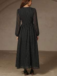 Aveloria Rosie Romantic French Style Deep V-Neck Vintage Polka Dot Waist Tie Button Decor Dress - Black - View 2