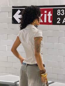 SHEIN HypeZone 女士休闲条纹短袖修身衬衫 - 杏色 - 查看 4