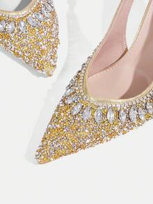 CUCCOO TILAWA Sapatos Femininos Dourados Novos Salto Alto Fino Pontudo com Elevação Traseira, Moda Deslumbrante com Strass, Sapatos de Salto Alto Sexy para Banquete, Festa, Balada, Sapatos de Salto Alto Slingback Femininos - Dourado - Visão 5