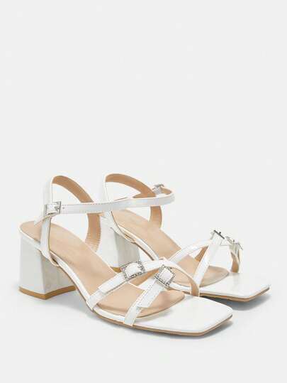 CUCCOO CURVES Women Shoes Wide Fit Fashion Square Toe Thin Heel White Cross Strap Ankle Strap Simple Classic Daily Comfort Fattened High Heel Women's Sandals Plus Size