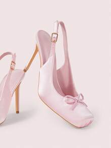 CUCCOO DOLLMOD 新款方头粉色蝴蝶结芭蕾舞鞋，细高跟，优雅学院风，约会装 - 粉色 - 查看 3