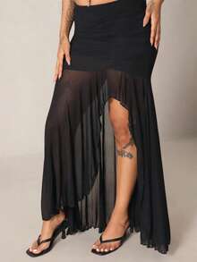 Rayane Ketlyn Women's Solid Color Pleated Mesh Patchwork Side Slit Skirt - Black - View 6